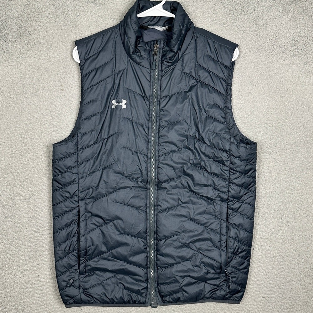 Under Armour Vest Mens Medium ColdGear Puffer Dark Grey Full Zip Quilted EUC